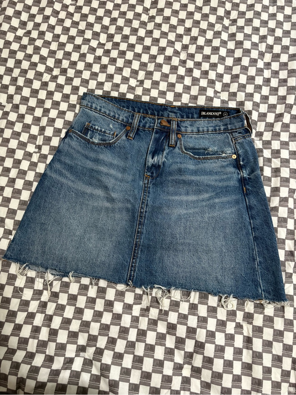 Blank NYC Dark Blue Denim Frayed Hem Mini Skirt
